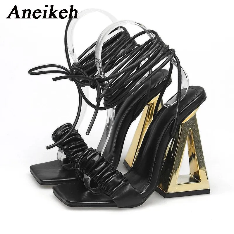 2024Fashion Strange Triangle High Heels Gladiator Sandals Women Pleated Cross Lace Up Summer Open Toe Wedding Prom Shoes