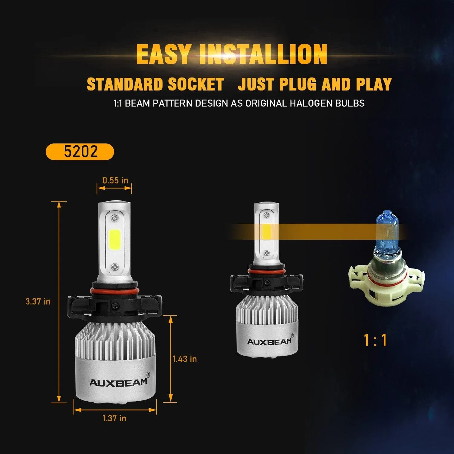 5202 LED Headlight Bulbs 72W 8000ML S2 Series Super Brightes COB 6500K Cool White | 2 Bulbs