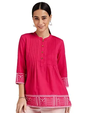 Amazon Brand - Myx Women's Cotton Regular Short Kurti (SS19STK1A_Pink_XL)