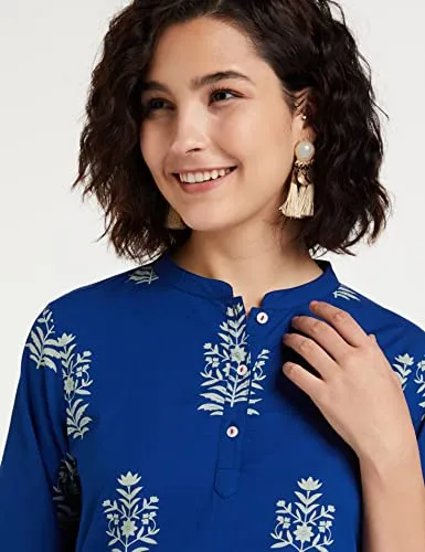 Amazon Brand - Myx Women's Cotton Screen Print Straight Short Kurti (SS19MYXTP019A1_Indigo 1_XL)