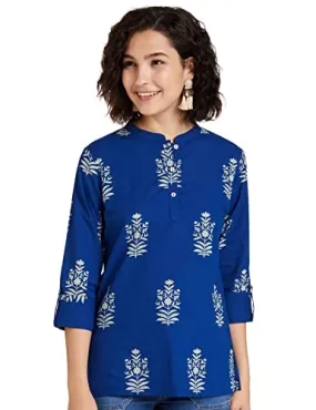 Amazon Brand - Myx Women's Cotton Screen Print Straight Short Kurti (SS19MYXTP019A1_Indigo 1_XL)