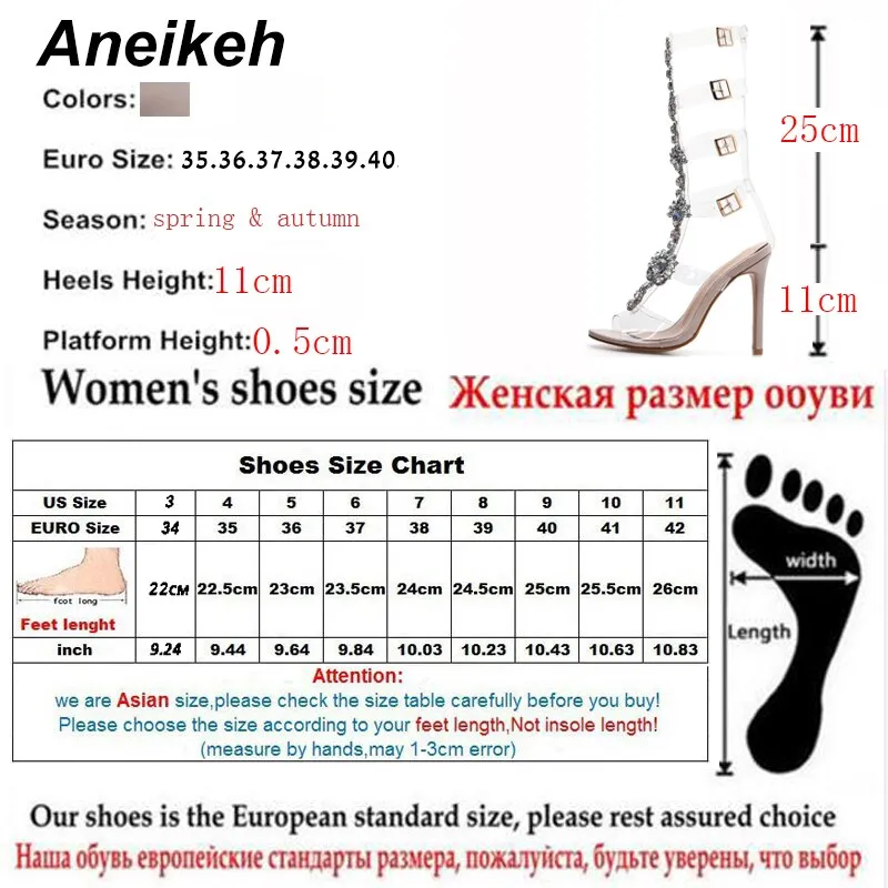 Aneikeh NEW Shoes Size 41 42 Sexy Gladiator knee High Transparent Buckle Sandals Fashion Crystal Flower High Heel Women Sandal