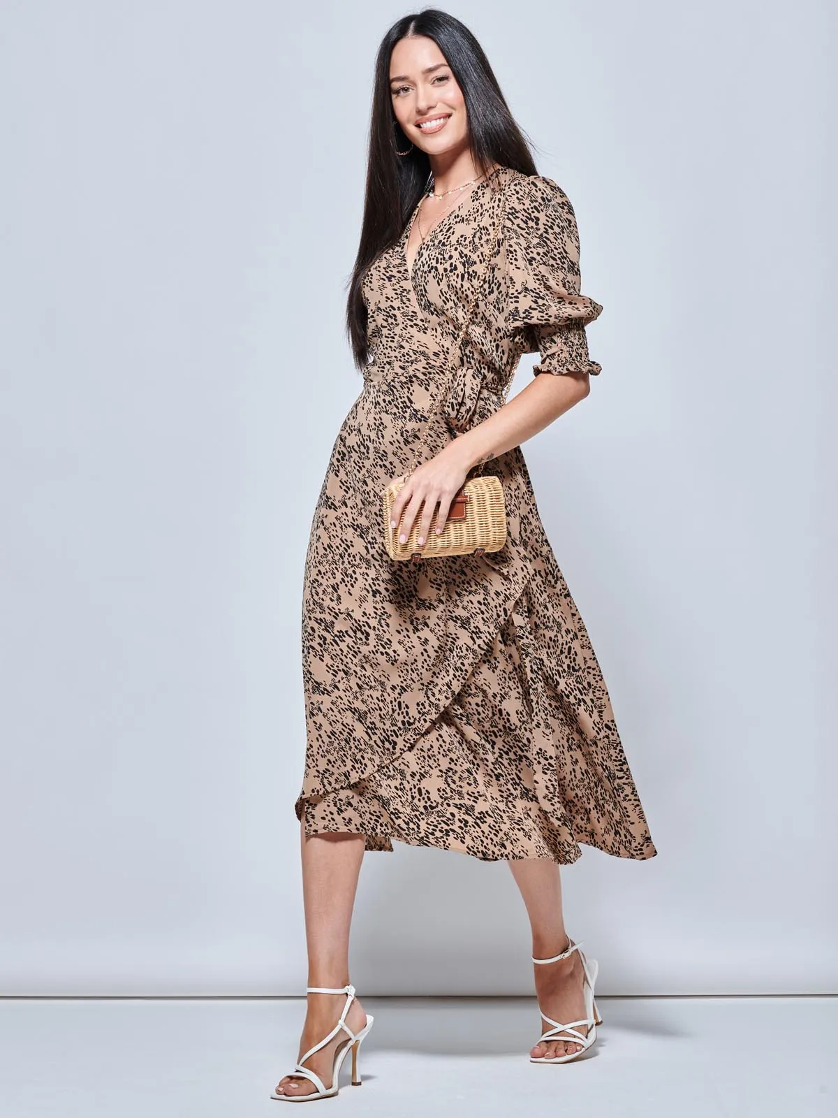 Animal Print Crepe Wrap Midi Dress, Stone