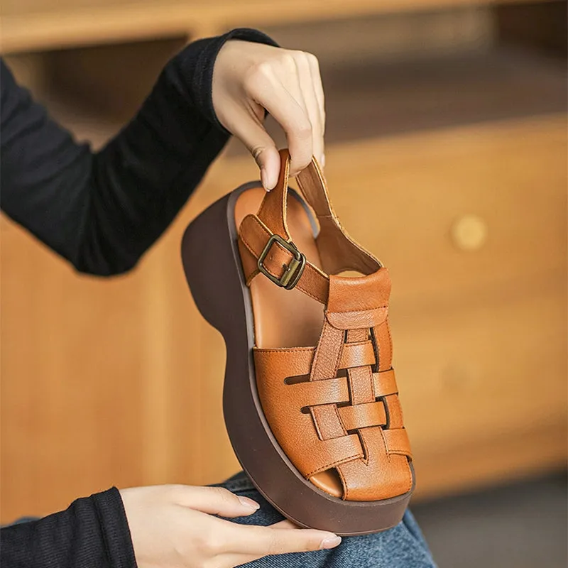 Ankle Strap Block Heel Leather Woven Sandal Gladiator Sandals in Apricot/Yellow