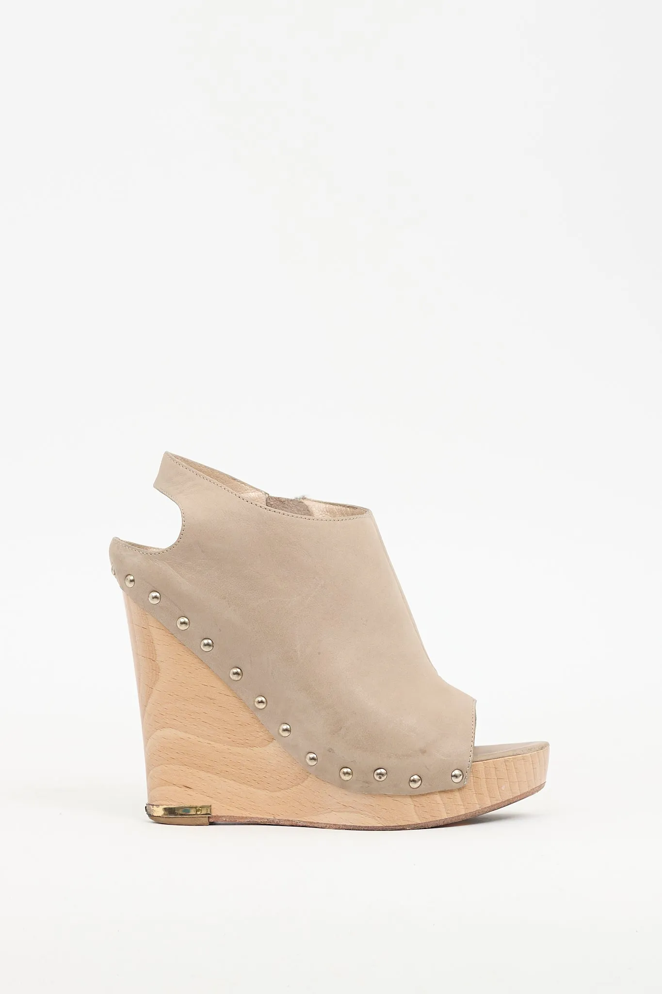 Beige Leather Studded Wedge Sandal