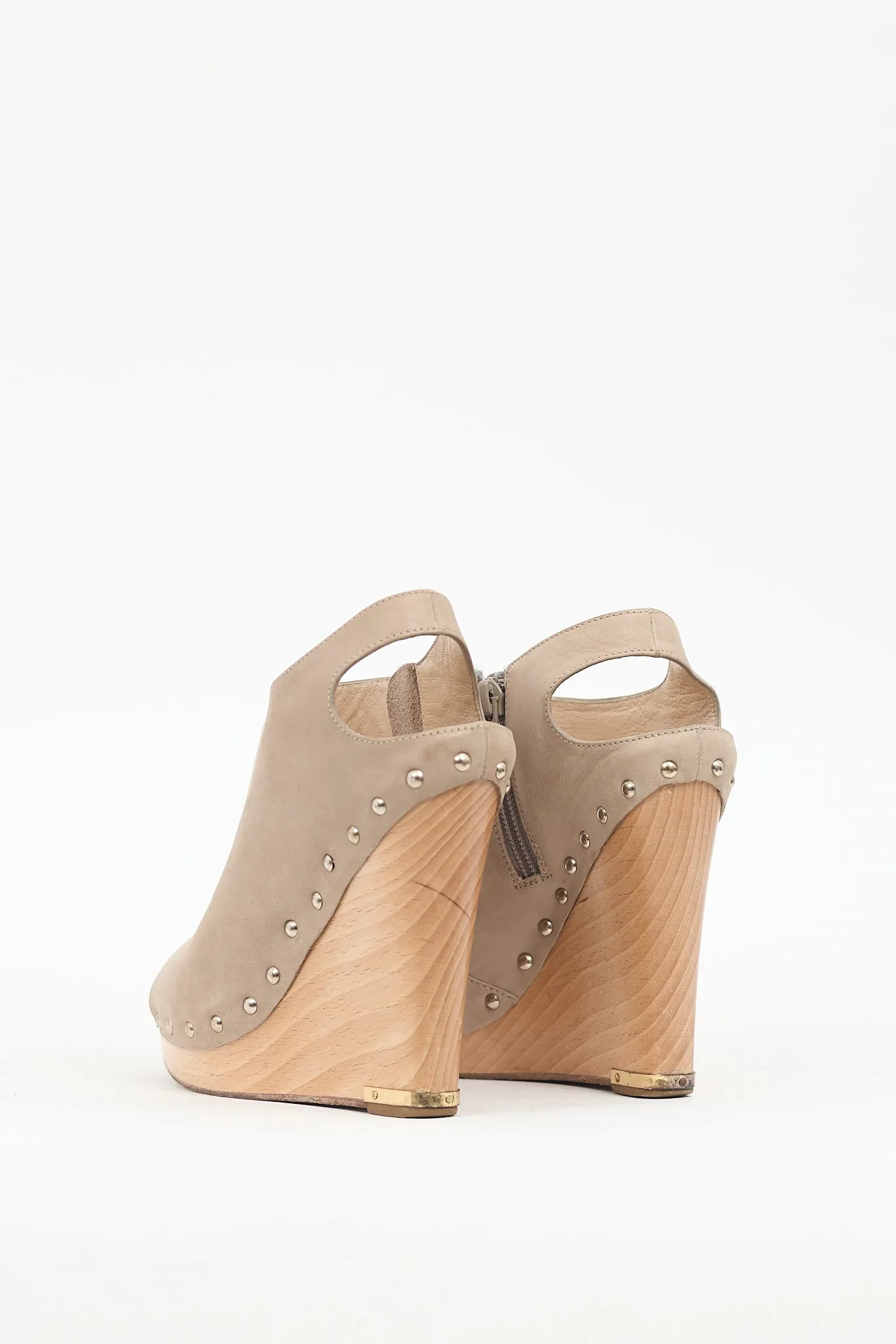 Beige Leather Studded Wedge Sandal