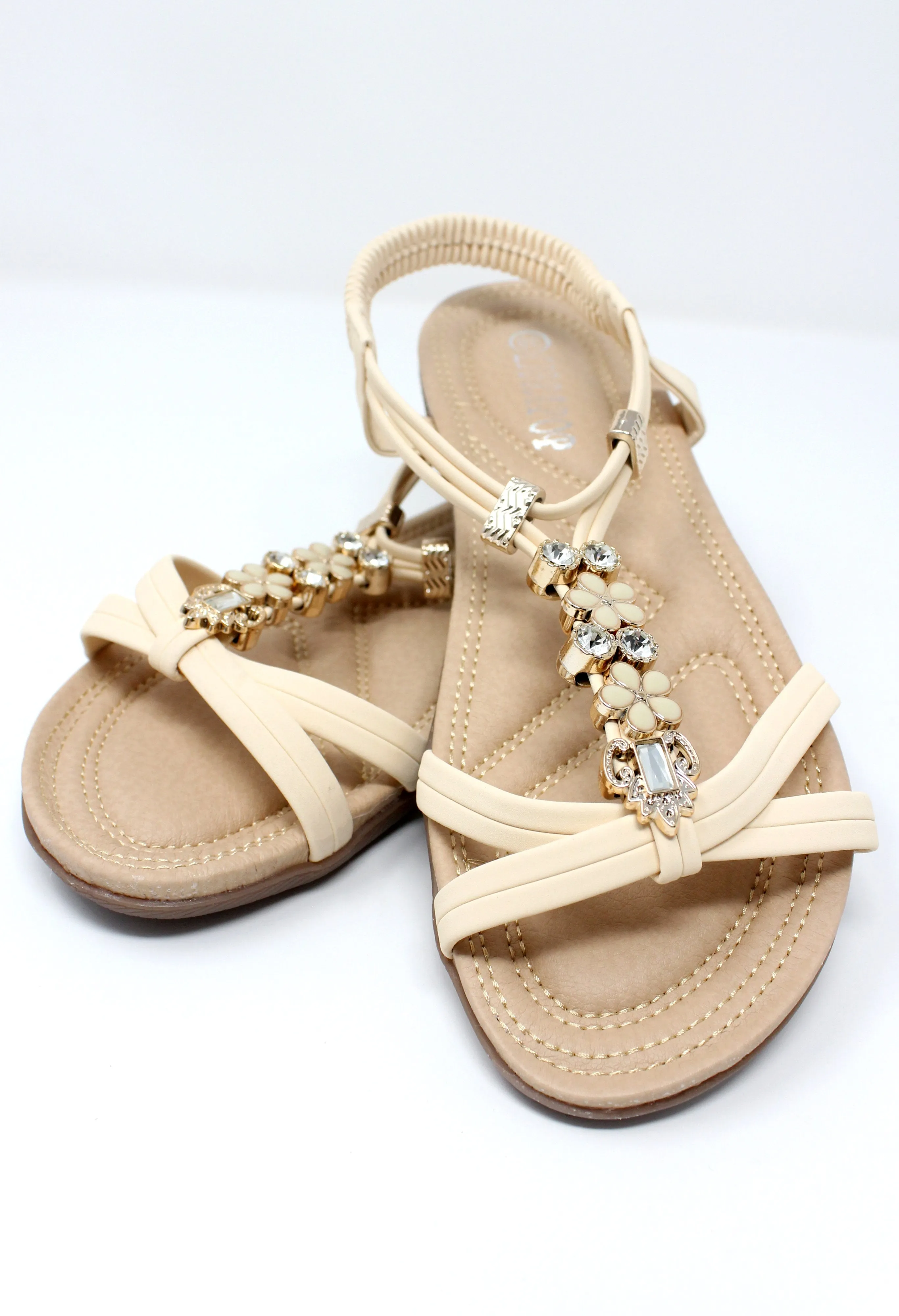 Beige Lightweight T Strap Flat Sandal-1