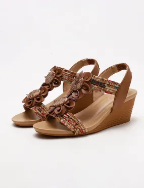 Brown T Strap Flower Boho Gladiator Sandals for Women