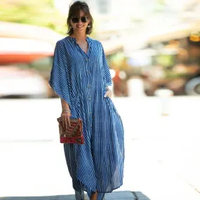 Casual Striped High Neck Batwing Sleeve Maxi Cover Up - Stripe