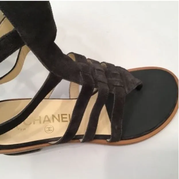 Chanel Gladiator 15S 2015 Summer Strap Flat Sandal Boots Dark Grey Suede Leather EU 37.5 US 7