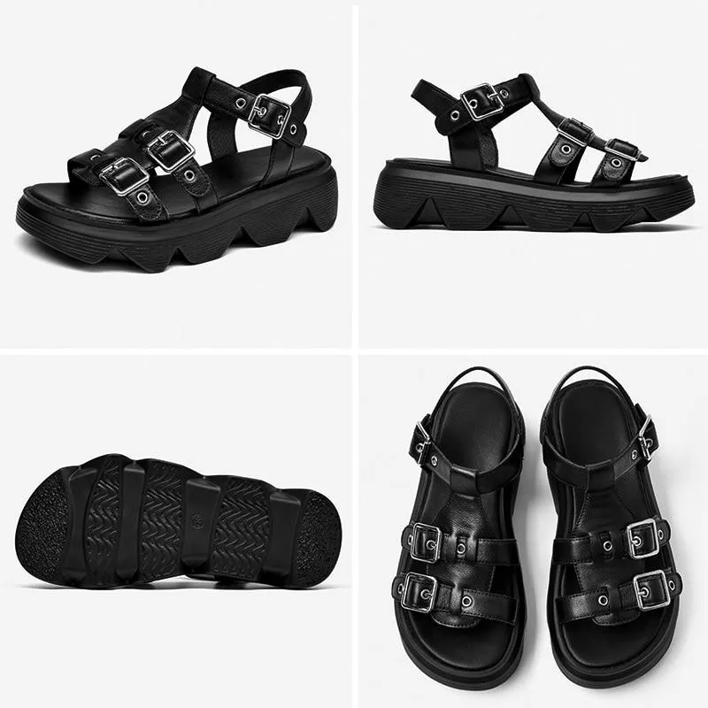 Chunky Sandals Gladiator Women Cow Leather Multi Buckles Ankle Strap Platform Ladies Casual Shoes Handmade 38168