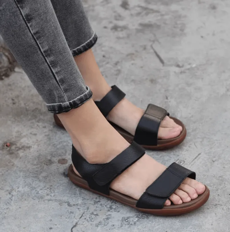 Classic Leather Sandals for Women and Men Flat Touch Strap in Brown/Black