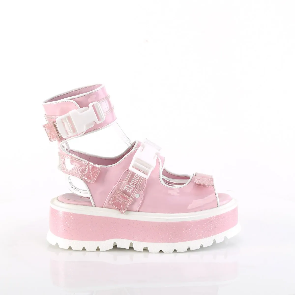 Demonia SLACKER-15B | Baby Pink Hologram Patent Sandals