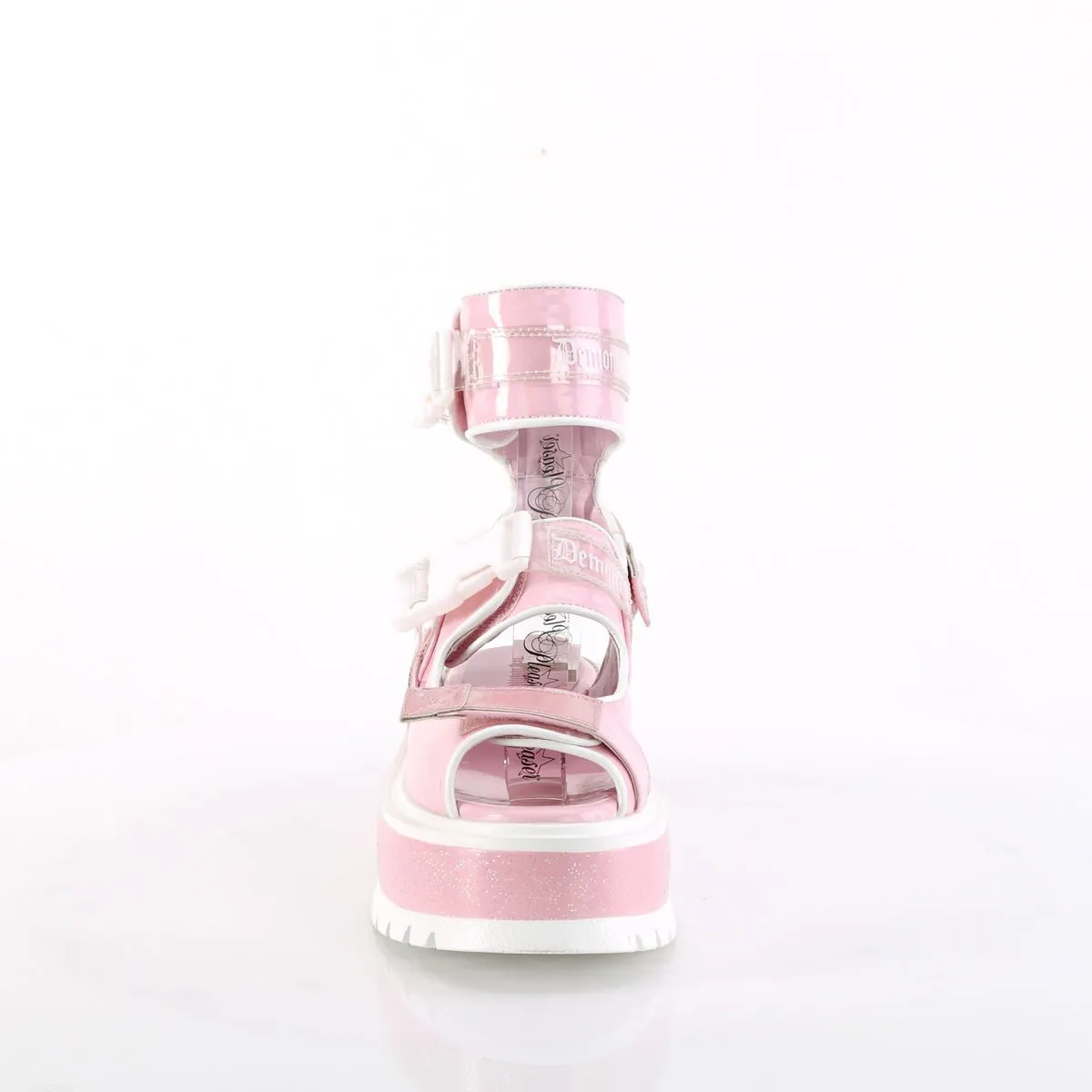 Demonia SLACKER-15B | Baby Pink Hologram Patent Sandals