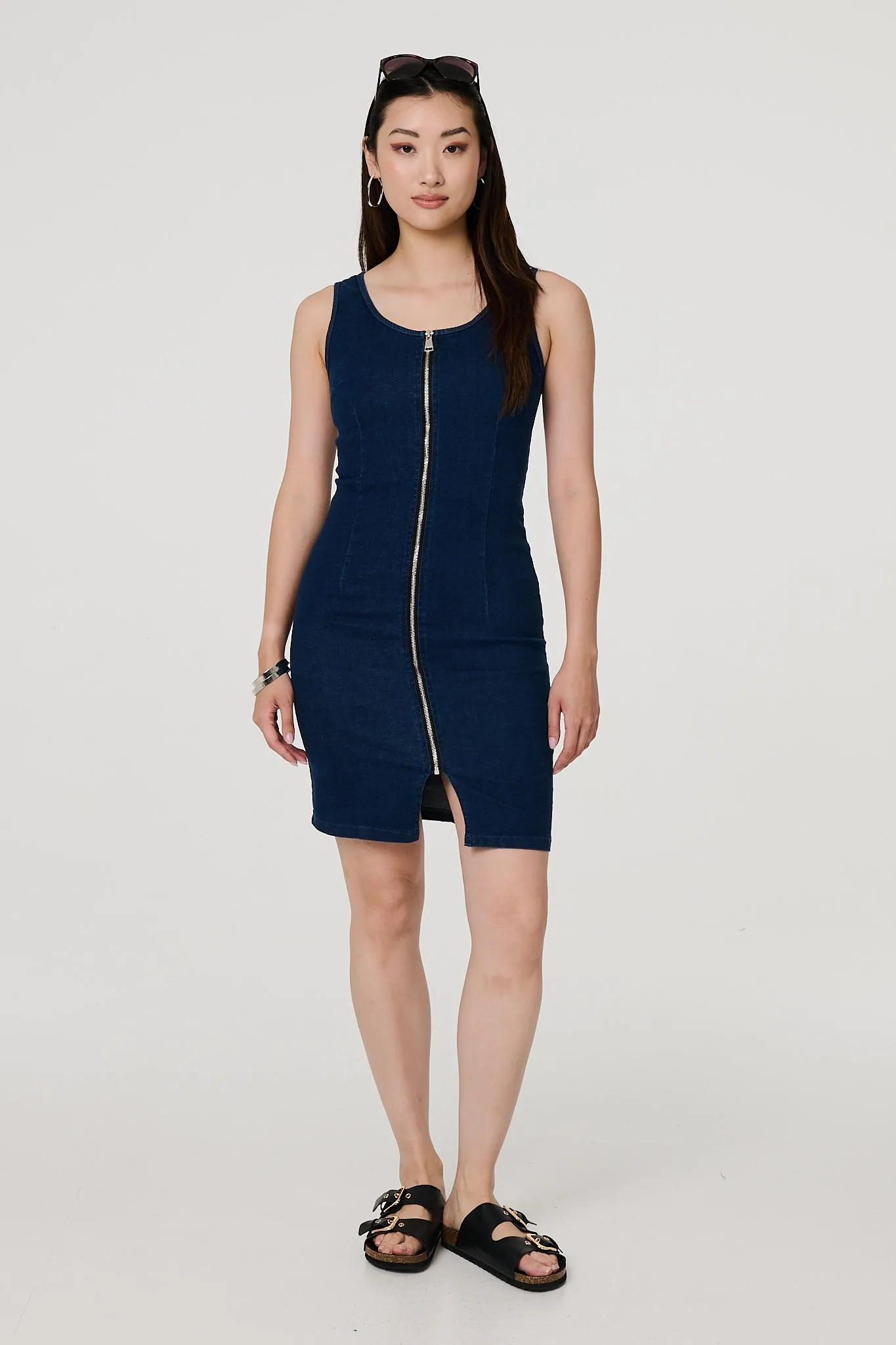 Denim Sleeveless Zip Front Shift Dress