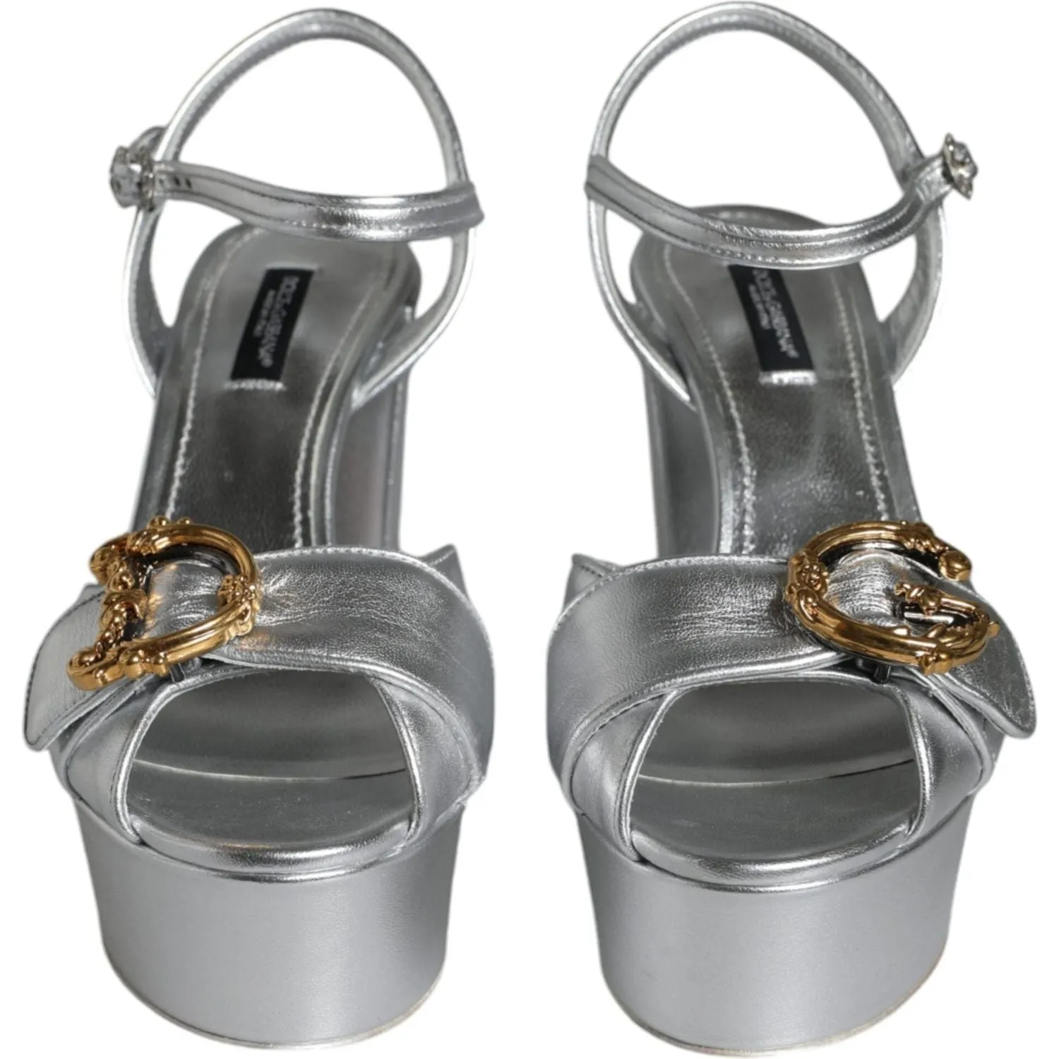 Dolce & Gabbana Silver Leather Platform Logo Keira Sandals Shoes