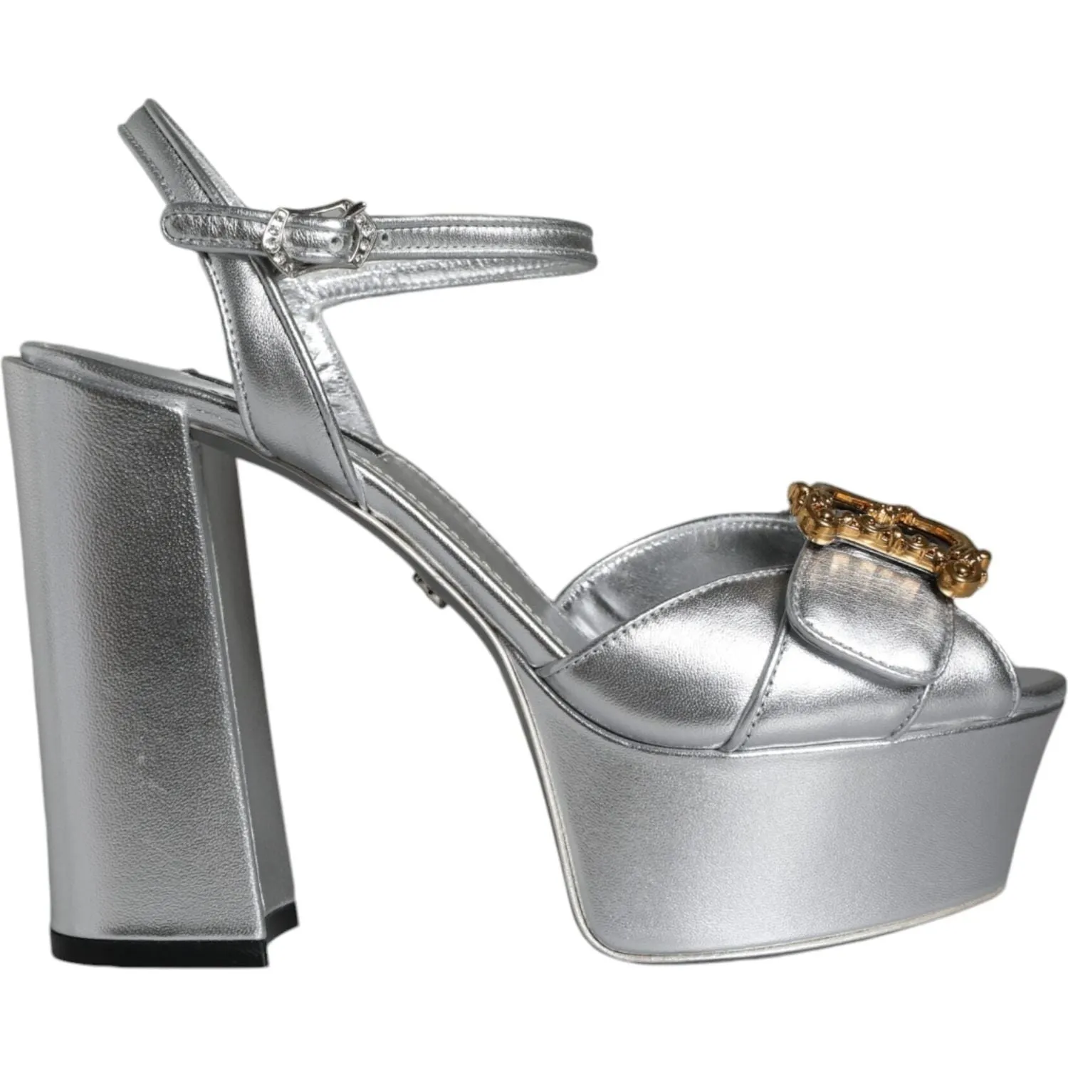 Dolce & Gabbana Silver Leather Platform Logo Keira Sandals Shoes