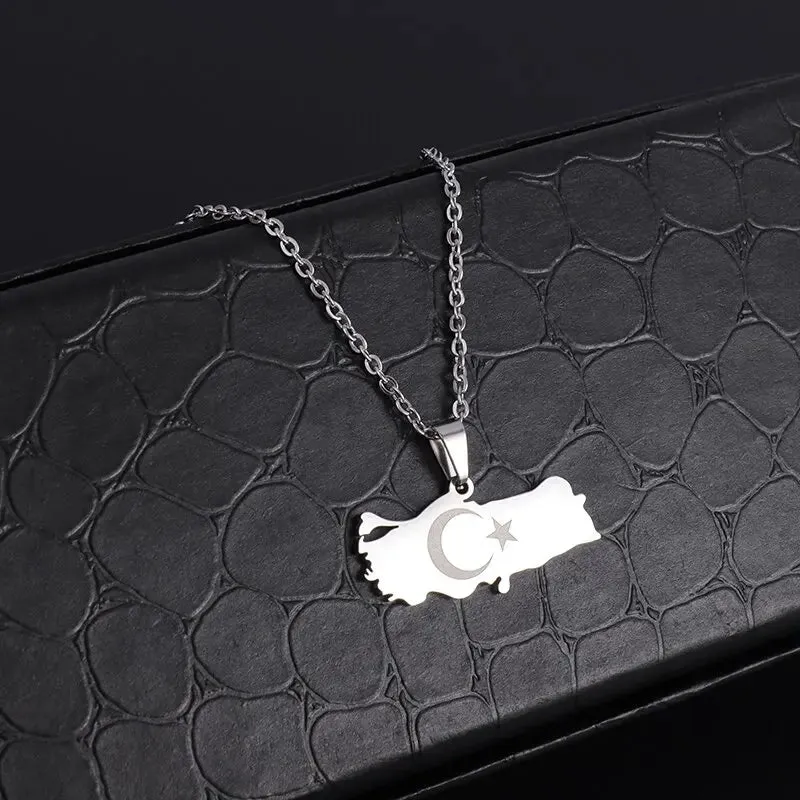 Fashion Lucky Stainless Steel Turkey Map Flag Gold Color Pendant Necklace Ladies Men Patriotic Star Casual Jewelry Gift