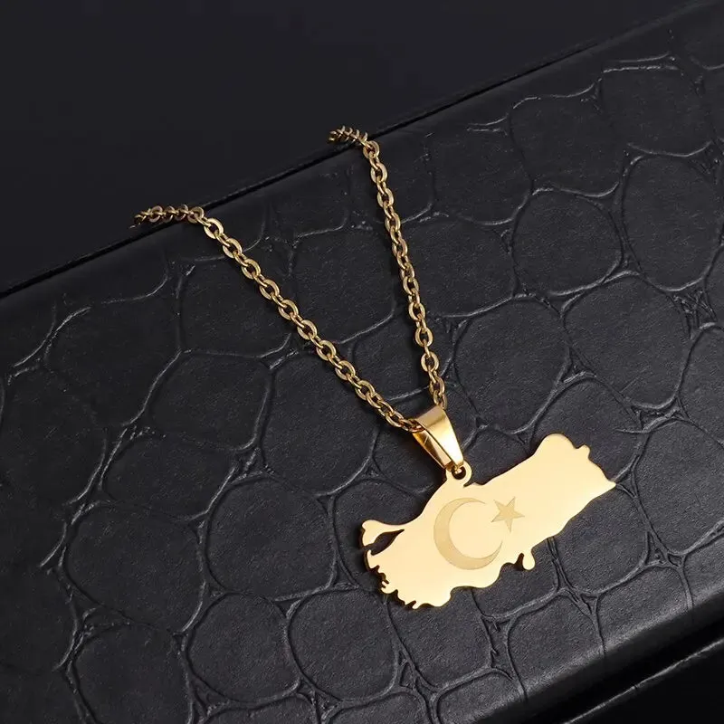 Fashion Lucky Stainless Steel Turkey Map Flag Gold Color Pendant Necklace Ladies Men Patriotic Star Casual Jewelry Gift