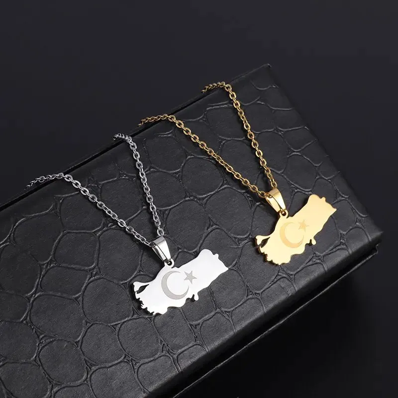 Fashion Lucky Stainless Steel Turkey Map Flag Gold Color Pendant Necklace Ladies Men Patriotic Star Casual Jewelry Gift