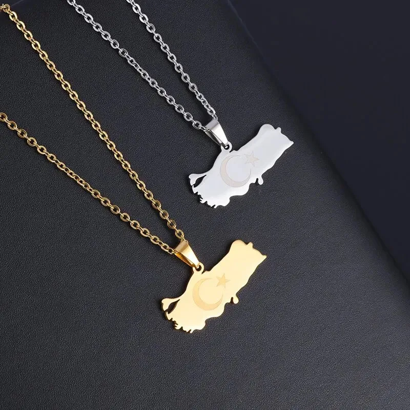 Fashion Lucky Stainless Steel Turkey Map Flag Gold Color Pendant Necklace Ladies Men Patriotic Star Casual Jewelry Gift