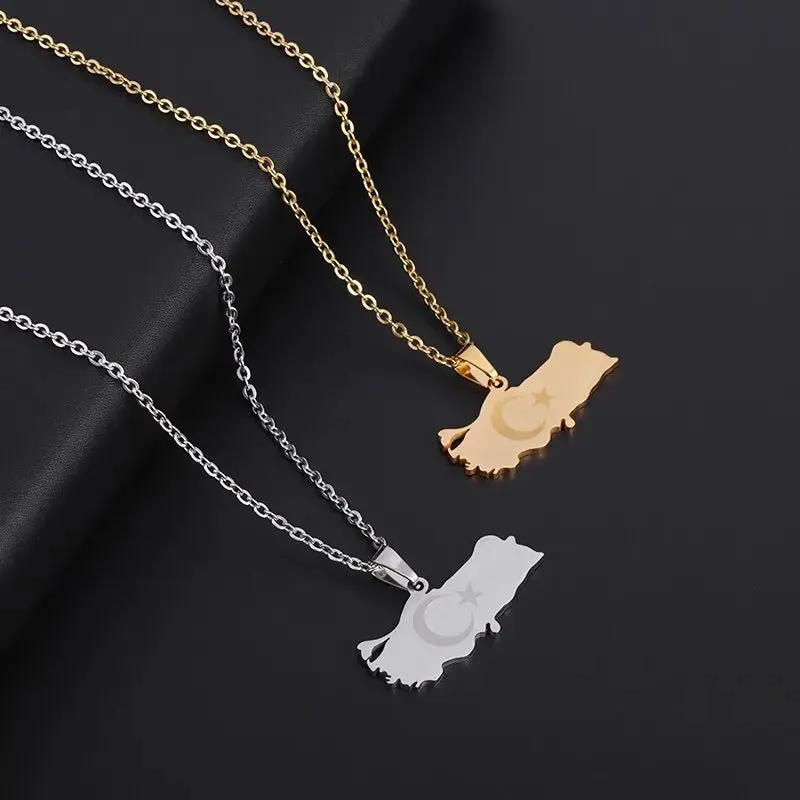 Fashion Lucky Stainless Steel Turkey Map Flag Gold Color Pendant Necklace Ladies Men Patriotic Star Casual Jewelry Gift