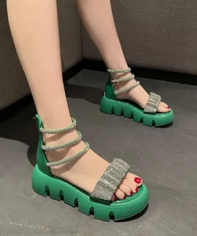 Fashion Splicing Zircon Platform Sandals Green Faux Leather LY8264