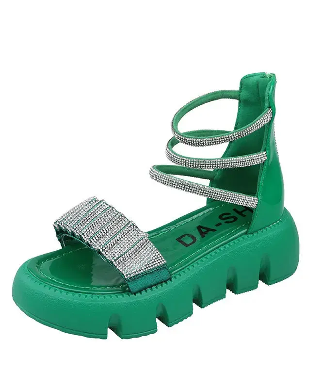 Fashion Splicing Zircon Platform Sandals Green Faux Leather LY8264