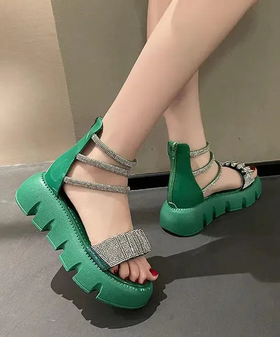 Fashion Splicing Zircon Platform Sandals Green Faux Leather LY8264