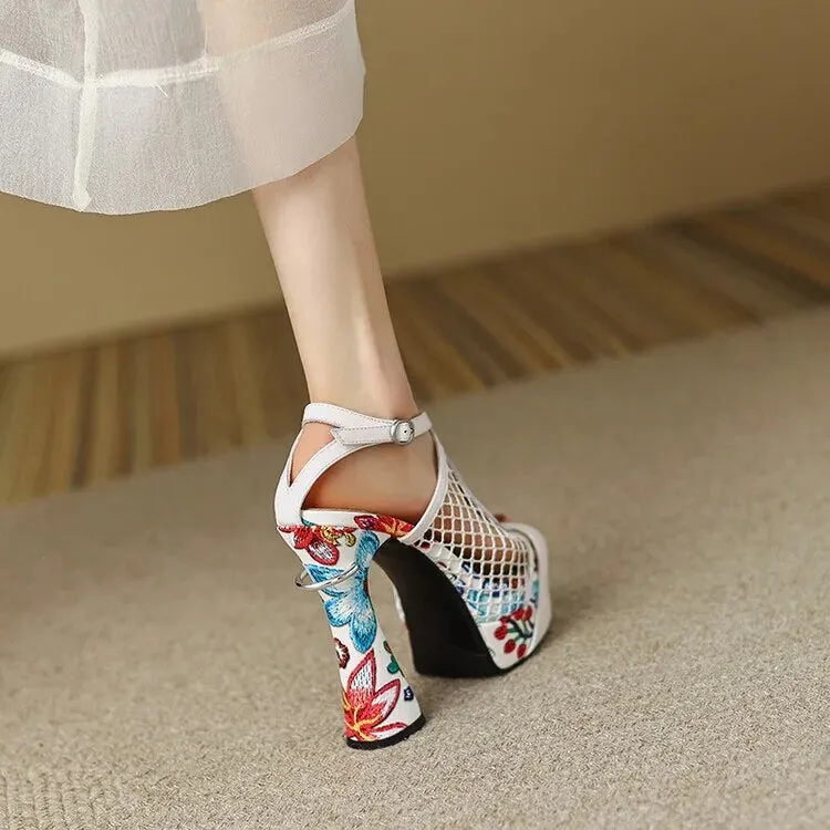 Floral Peep Toe Hollow Out Platform Sandals