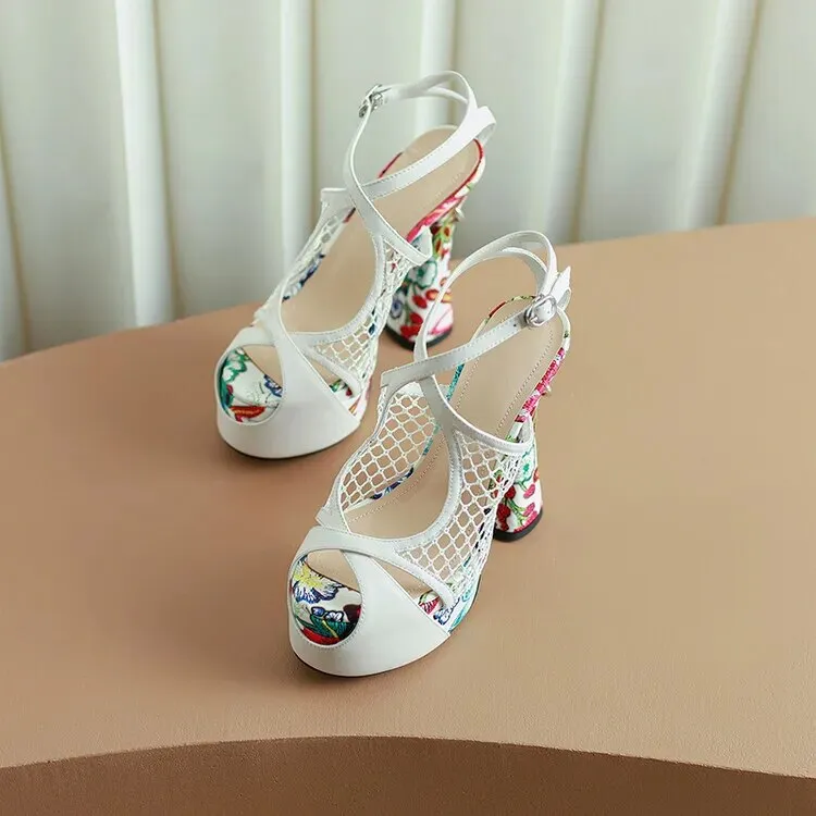 Floral Peep Toe Hollow Out Platform Sandals