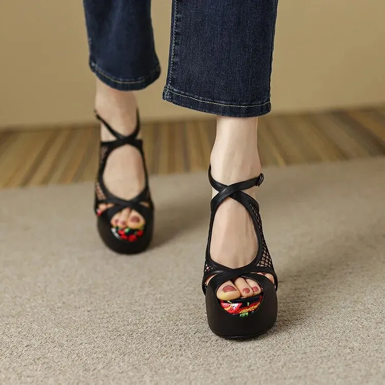 Floral Peep Toe Hollow Out Platform Sandals