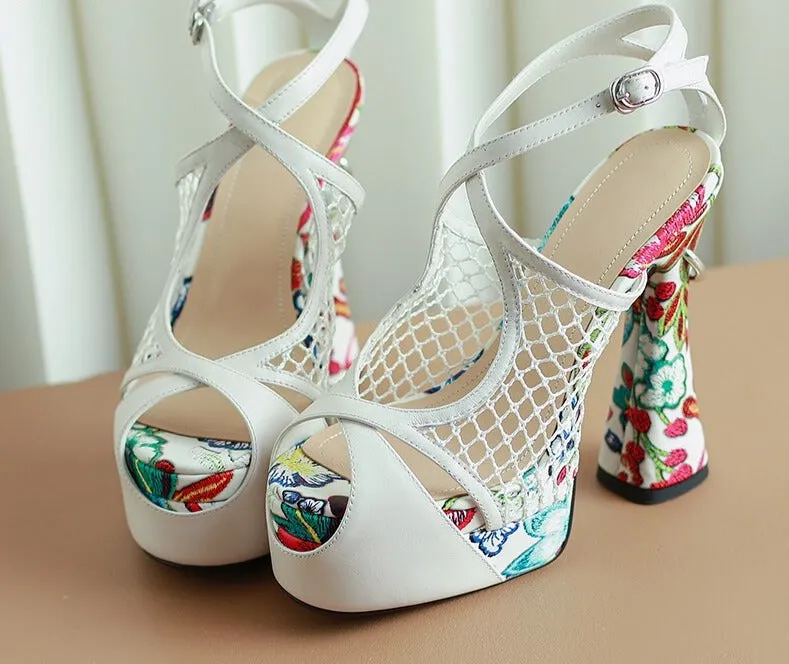 Floral Peep Toe Hollow Out Platform Sandals