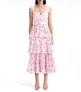 Floral Print Tiered Midi Dress Pink