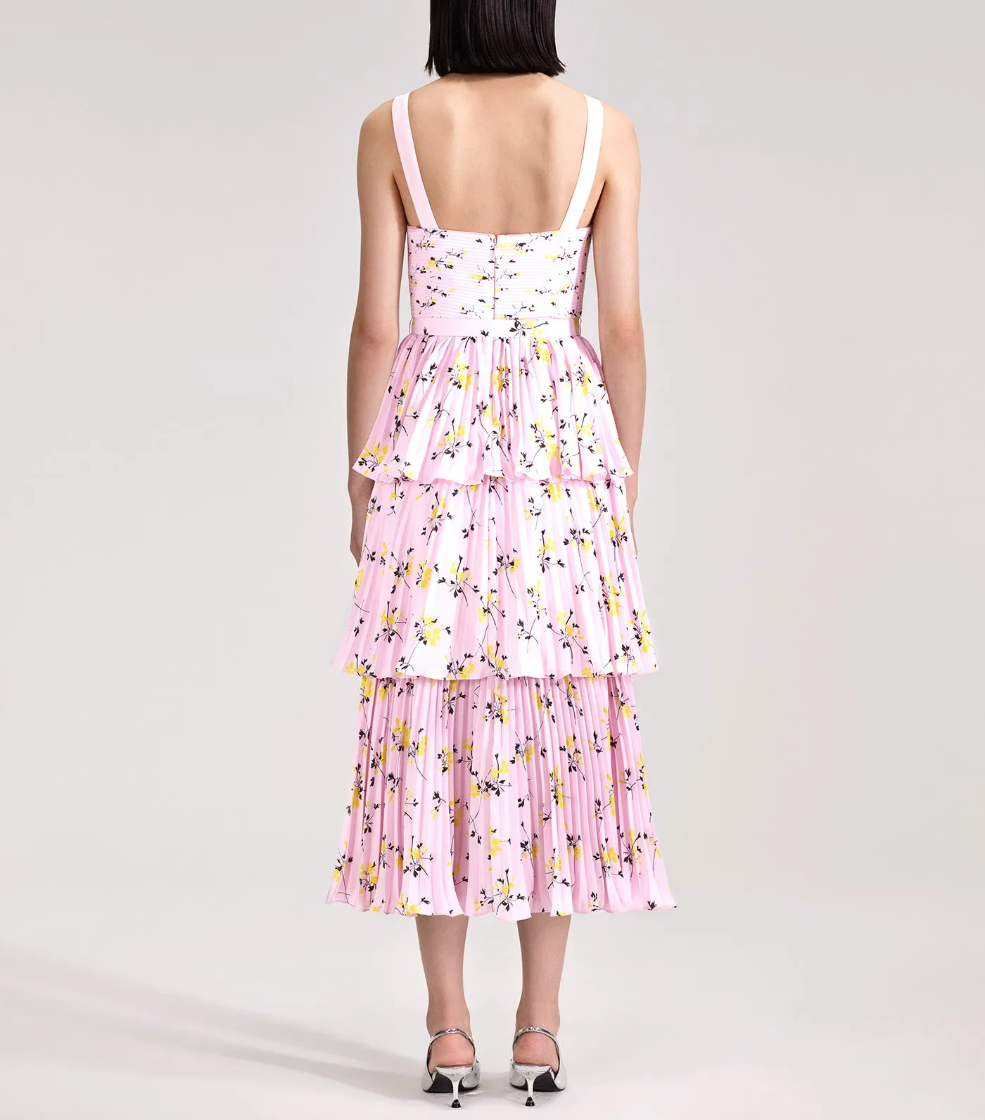 Floral Print Tiered Midi Dress Pink