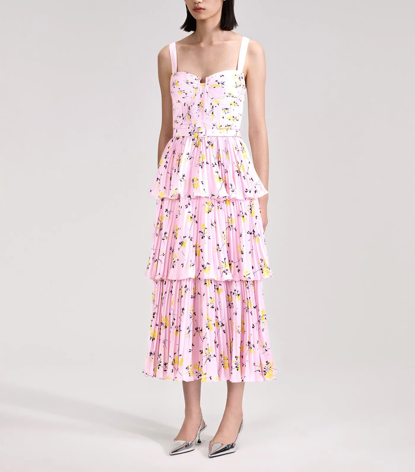 Floral Print Tiered Midi Dress Pink