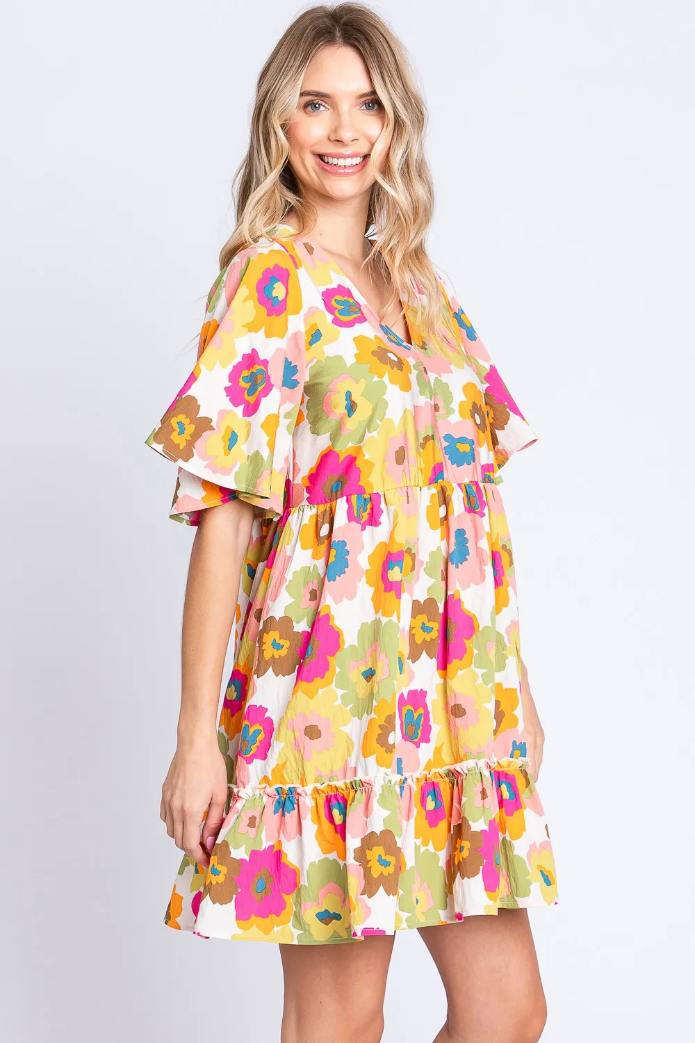 Floral V-Neck Ruffle Hem Mini Dress