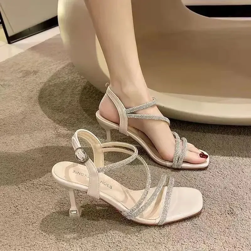 French Rhinestone Sandals Fashion Fine Heel High Heel Sandals Women's Summer New Fairy Style Thin High Heels Shoes