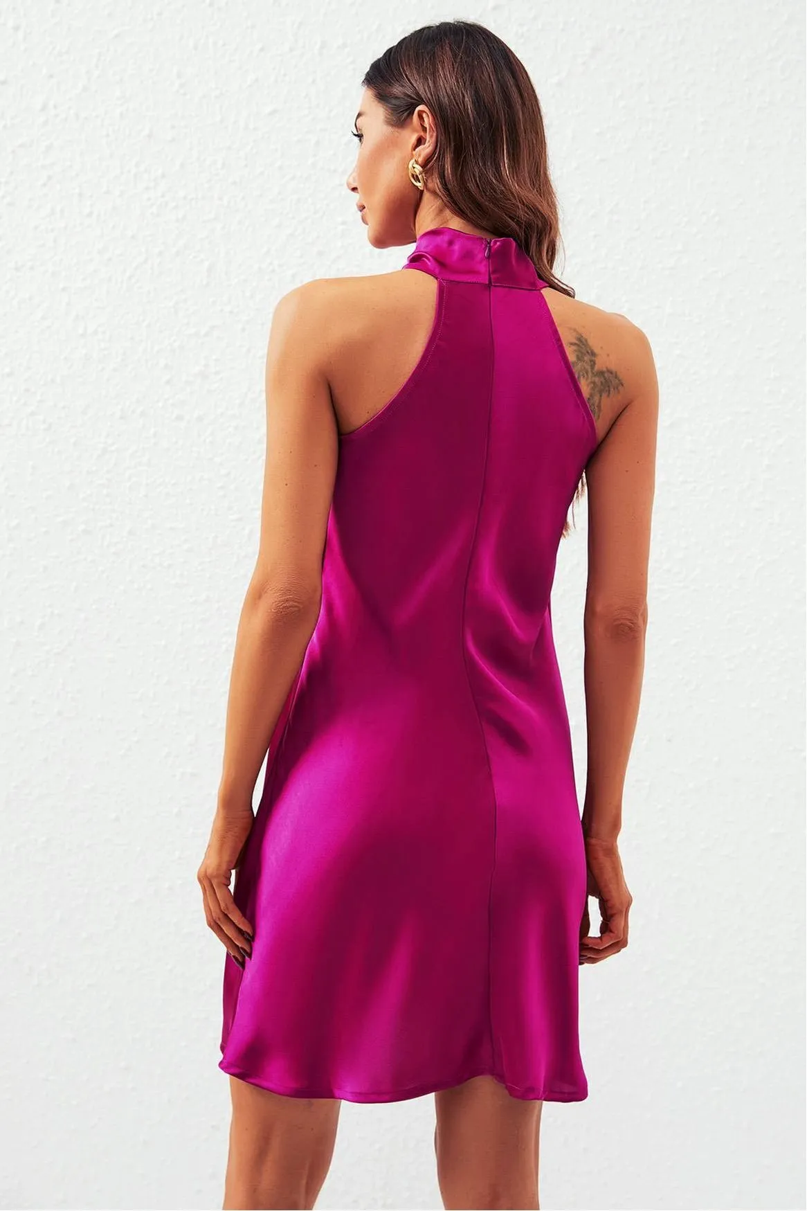 FS Collection Satin Halter Neck Mini Dress In Fuchsia