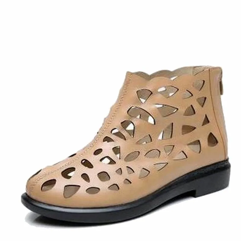 Genuine Leather Cut Outs Gladiator Low Heels Ankle Cool Ladies Summer Shoes