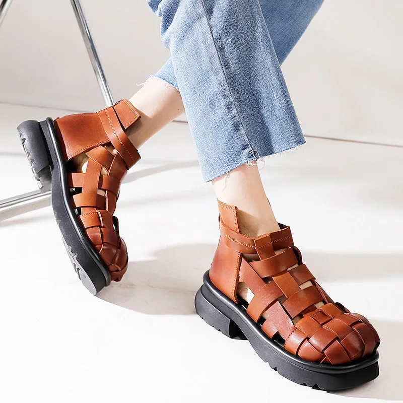 Genuine Leather Gladiator Sandals For Women in Brown/Black