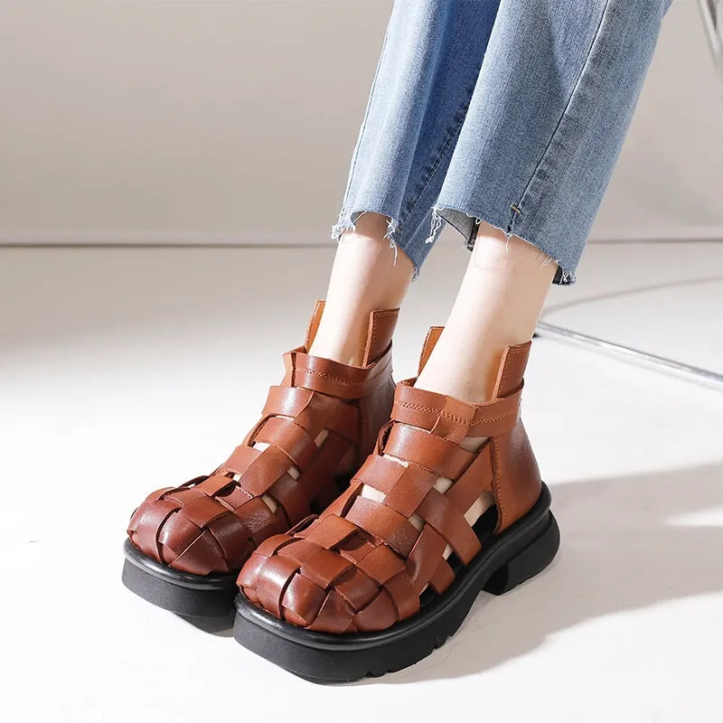 Genuine Leather Gladiator Sandals For Women in Brown/Black