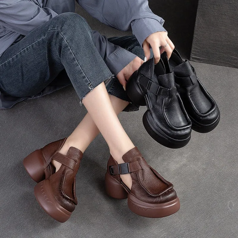 Genuine Leather Platform Sandals Side Button Retro Block Heel in Brown/Black