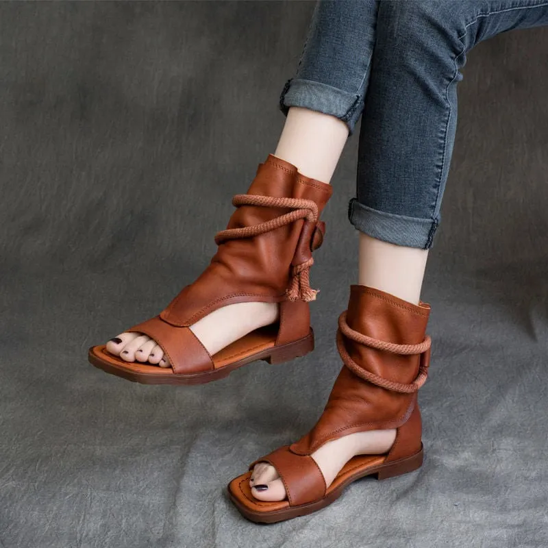 Genuine Leather Strappy Sandals Boots For Women  Peep Toe Back Zipper Flat Gladiator Sandals Black/Brown/Coffee