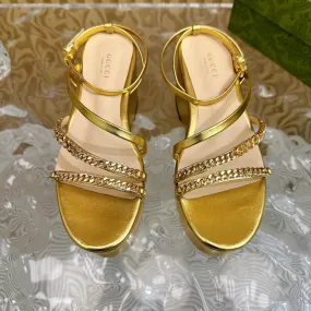 GG PLATFORM SANDAL METALLIC GOLD CALFSKIN WITH CHAINS