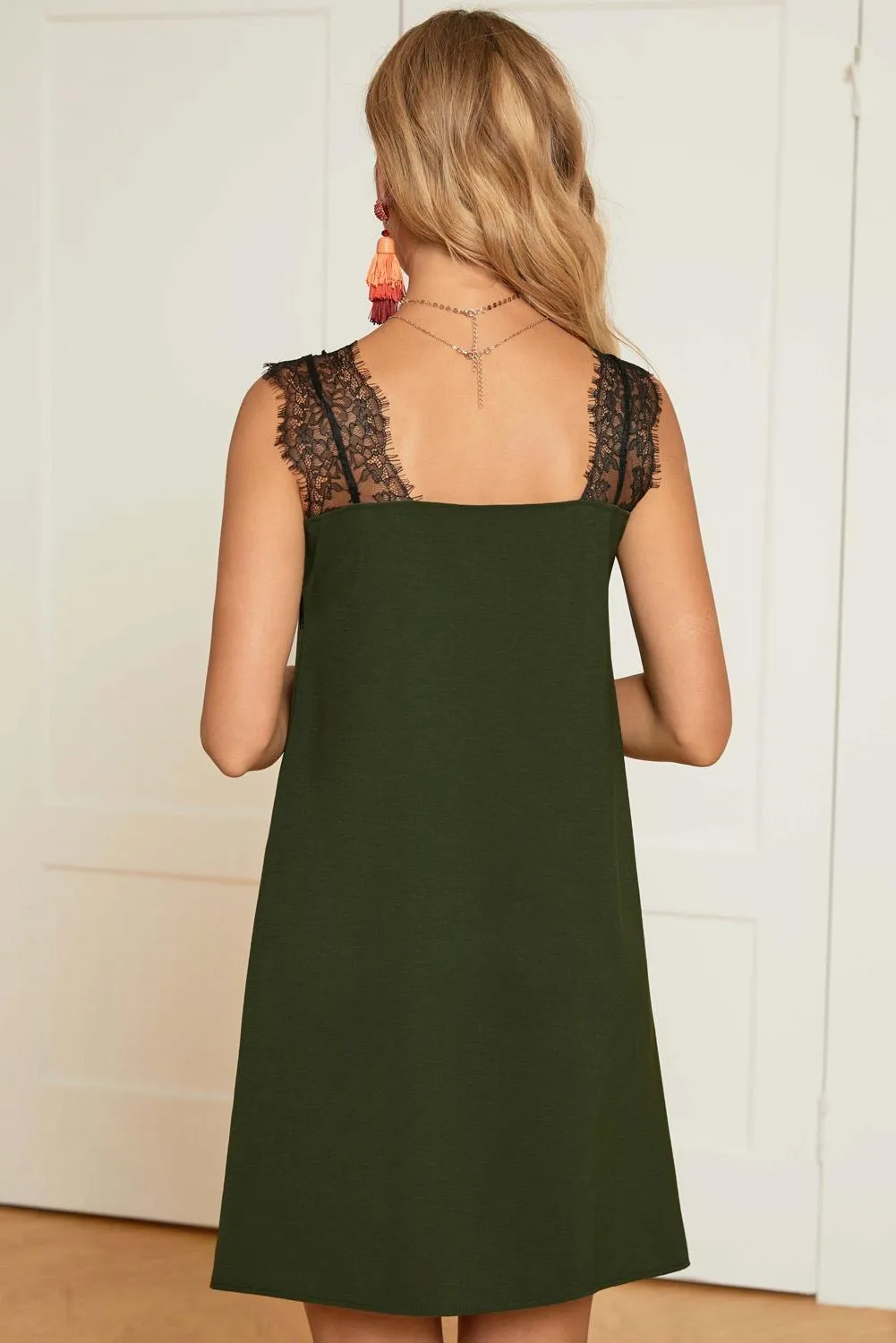 Green V Neck Lace Shoulder Sleeveless Summer Dress