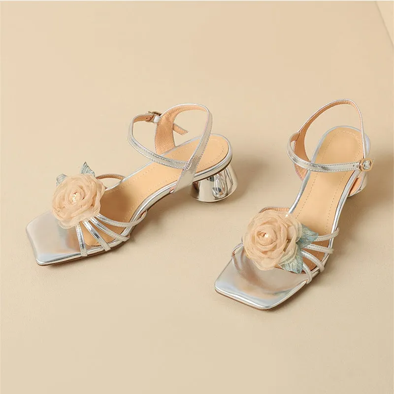 Handmade Leather Muti Strap Sweet Flower Gladiator Sandals 55mm Kitty Heel in Golden/Silver