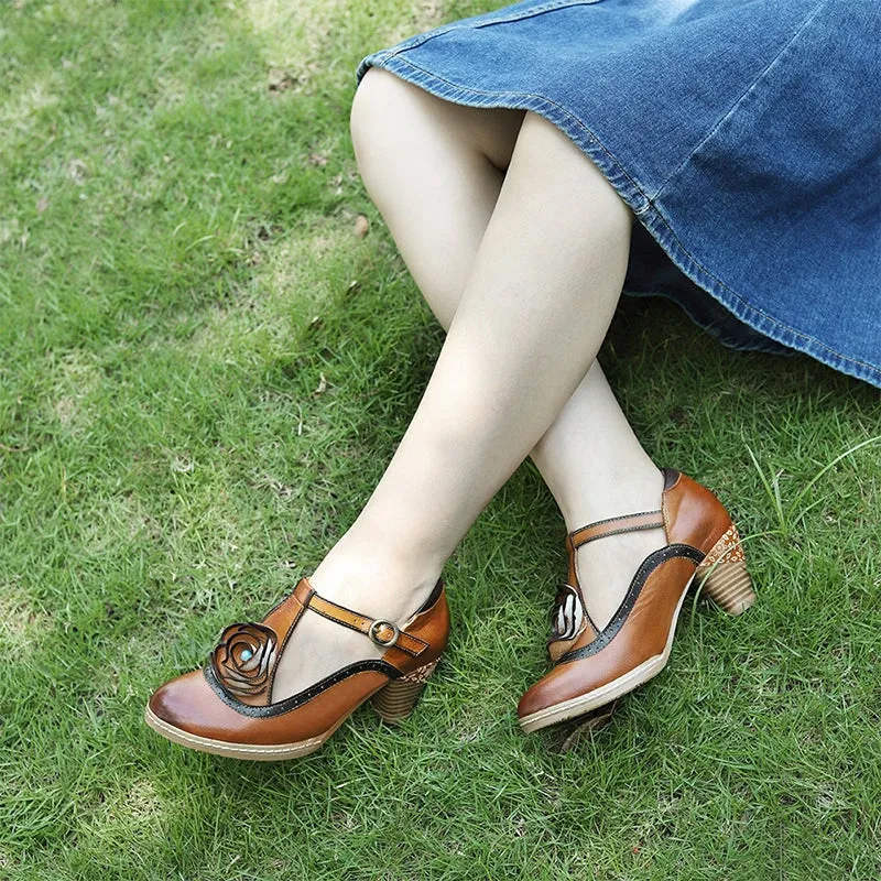 Handmade Leather T-strap Flower Mary Jane Shoes 50mm Block Heel in Brown