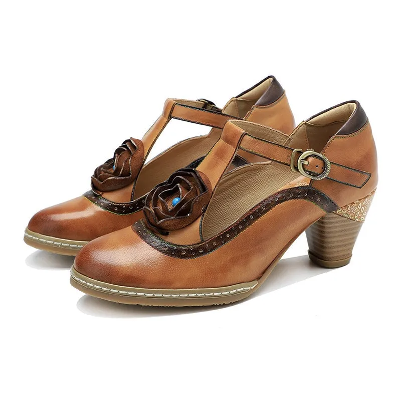 Handmade Leather T-strap Flower Mary Jane Shoes 50mm Block Heel in Brown