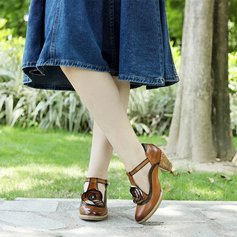 Handmade Leather T-strap Flower Mary Jane Shoes 50mm Block Heel in Brown